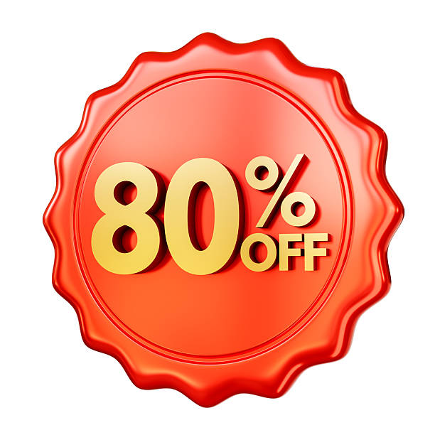 istock Red discount badge 80% OFF isolated on white background. 3D render. 2216401064
