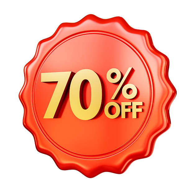 istock Red discount badge 70% OFF isolated on white background. 3D render. 2216401065