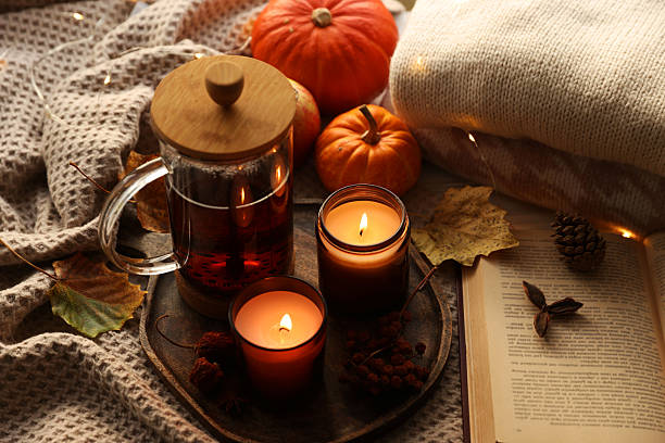 istock Burning candles, freshly brewed tea, sweaters, book and autumn decor on fabric 2216409149