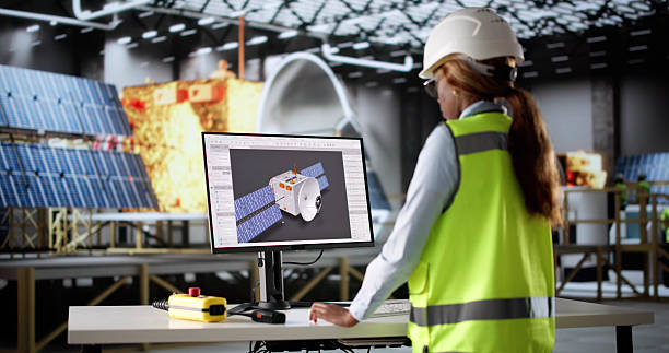 istock Female Engineer Drafting 3D Model Of Solar Satellite 2216412717
