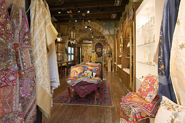 Rodas.Greece - may 22, 2025: The interior of a charming shop in Rhodes, showcasing a rich array of traditional Greek textiles, intricate tapestries, handcrafted jewelry, and unique local souvenirs