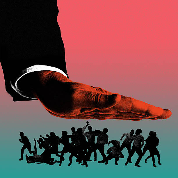 Large hand making pressure over group of small, silhouetted figures. Oppressions, manipulation. Contemporary art collage. Photocopy effect. Concept of world crisis, business, economy, control