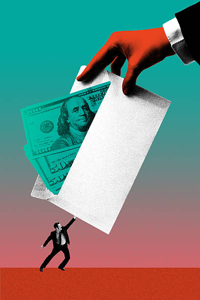 istock Man hanging from large envelope filled with dollar bills held by red hand. Contemporary art collage 2216422798
