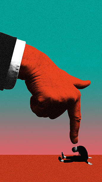 istock Red hand points at lonely defeated man sitting on red floor in despair. Contemporary art collage. 2216422802