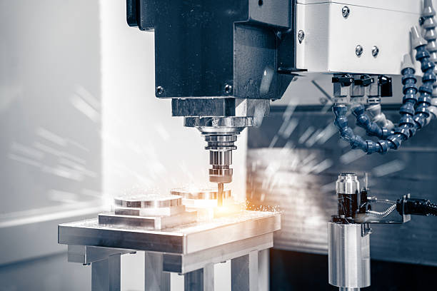 istock Working closeup CNC turning cutting metal Industry machine iron tools with splash water. Vertical mill metalworking process. 2216422822