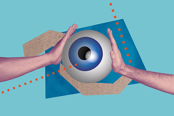 Creative artwork template sketch image 3D collage of optical eyesight focus vision nonverbal language hands gesture hold eyeball freemason.