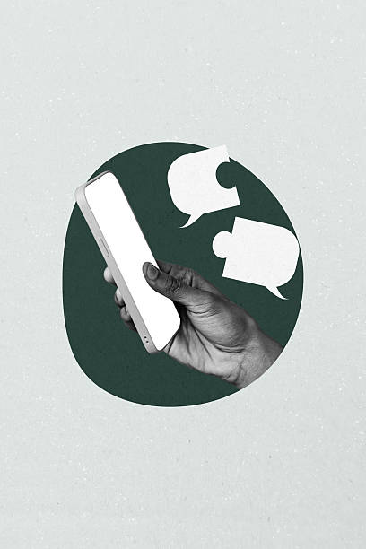 istock Pop zine sketch artwork collage of hand hold phone device puzzle match bubble communication message chat speech conversation 2216423812