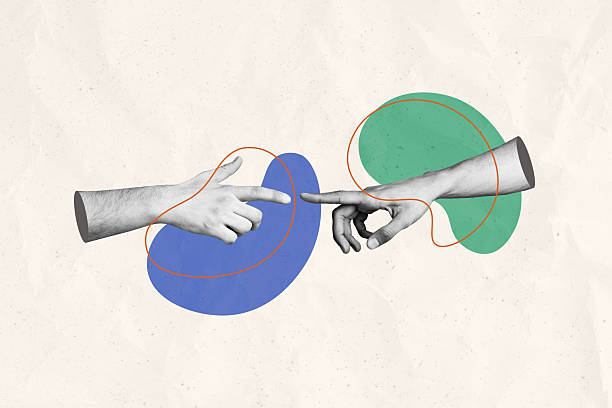 istock Creative trend artwork design 3D collage sketch of body language two hand gesture symbol finger touch reach connection line illustration 2216424382
