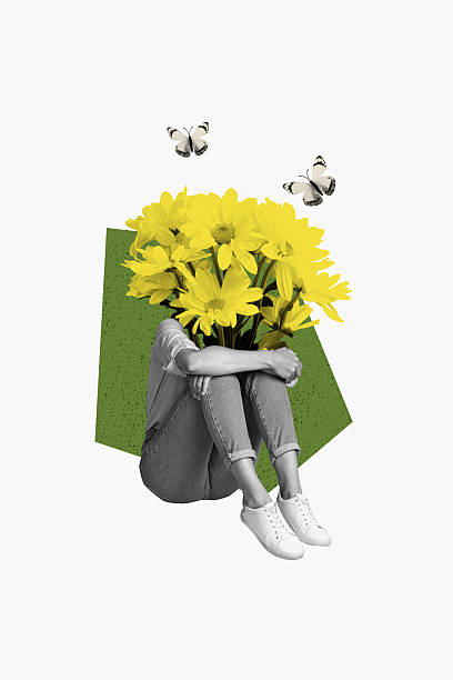 istock 3D collage composite trend artwork sketch of springtime bouquet flora flower spring daisy butterfly young lady headless sit hold knees 2216424491