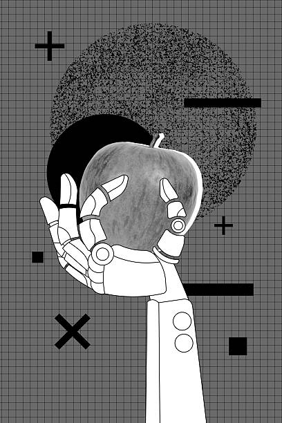 Vertical image art pop collage of artificial intelligence robotic hand hold apple fruit nutrition detox modern technology.