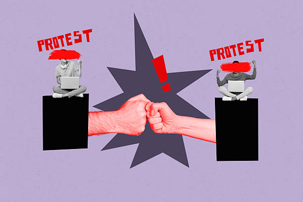 Creative artwork template sketch image 3D collage of strike opinion banner protest two young lady sit down hold latop remote fist done.