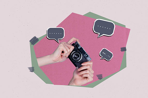 istock Banner image of person hands hold camera with mind cloud on pink background 2216425572