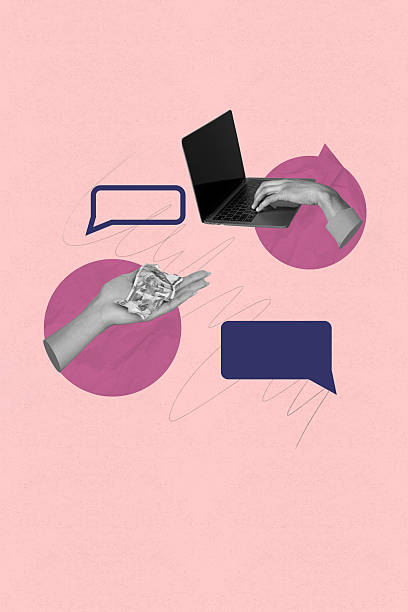 istock Poster image sketch vertical collage of hand hold laptop dollar banknotes bubble communication speech icon chat dialogue 2216425645