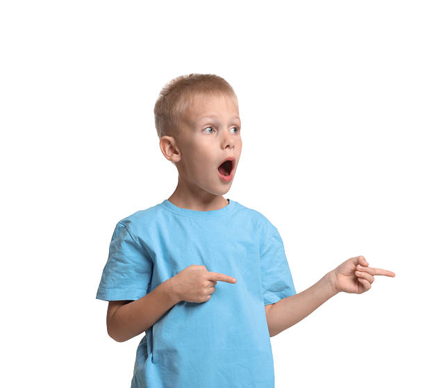 istock Scared little boy pointing at something on white background 2216466591
