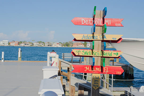 istock Colorful Directional Signpost on a Waterfront Boardwalk During Sunny Day. Merry Pier in Bright Daylight Pass A Grille at St. Pete Beach, Florida. 2216467008