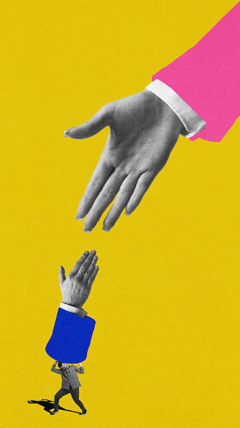 istock Graphic collage. Businessman lifting hand towards giant handshake as metaphor for support and collaboration. 2216480636