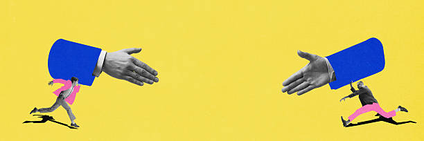 istock Contemporary collage. Two men in motion push large hands toward handshake across yellow background. 2216480642