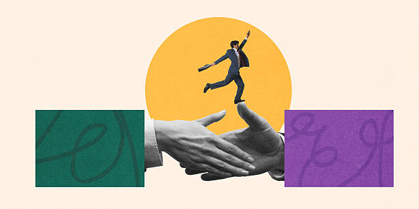 istock Modern digital collage. Businessman jumps energetically over handshake, balancing. 2216480660