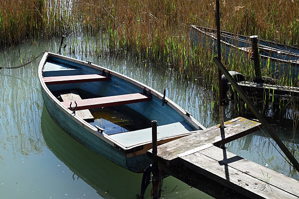 Blue wooden rowboat docked in peaceful marsh surrounded by reeds, Tihany peninsula, Lake Balaton, Hungary