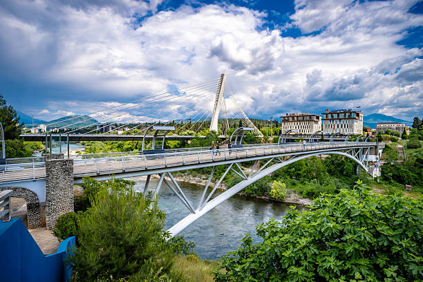 Podgorica, Montenegro. 12 May 2025. People on Bridges in Podgorica in Montenegro, over the Morača River