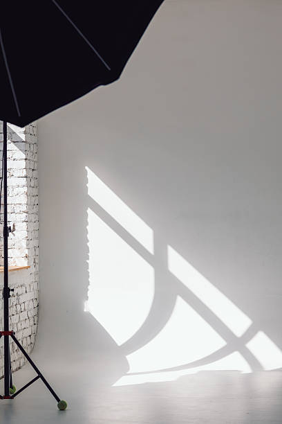 Clear white cyclorama. Light background with with professional lighting equipment. Plain wall empty photo studio. Vertical photo