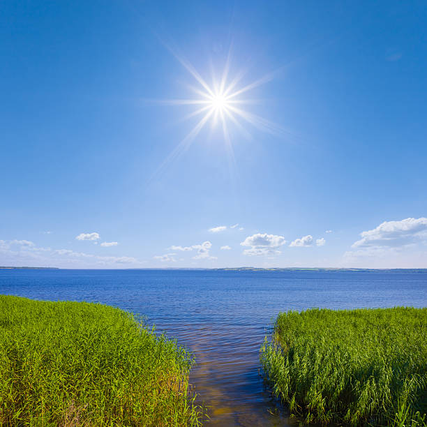 calm lake among prairie under a sparkle sun