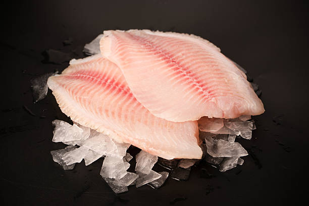 istock Fresh tilapia fillet on ice on black background 2216492386