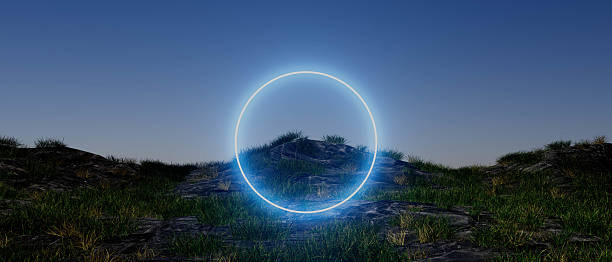 istock A large blue neon circle is on a hill 2216492547