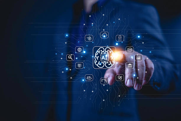 istock AI, Brain AI Artificial intelligence concept, Businessman points to virtual AI brain icon in front him, Learn to manage AI smart and bigdata from technology, digital technology Transformation 2216495503