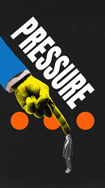 Contemporary art collage. Yellow hand points at woman standing still under black void, symbolizing pressure from authority, control and judgment in society.