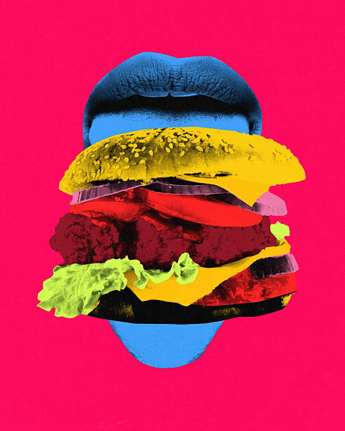 Conceptual art collage. Vibrant burger stack merges with surreal lips against pink background, creating explosive pop vision of consumption and identity.