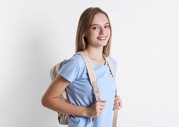 istock Teenage girl with backpack on white background 2216502954