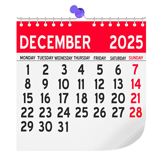 December 2025 Monthly Wall Calendar, 3D rendering isolated on white background