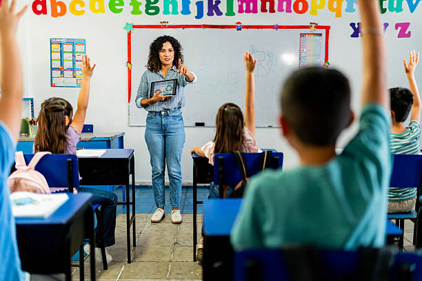 istock Young teacher woman talking to child students during class at school 2216510093