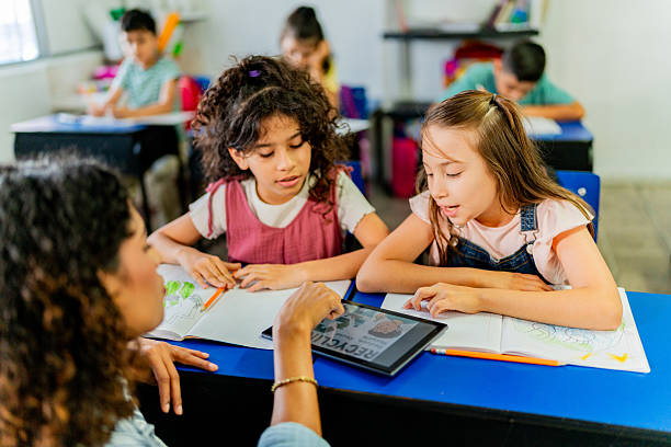 istock Teacher woman talking to child students during class at school 2216510182