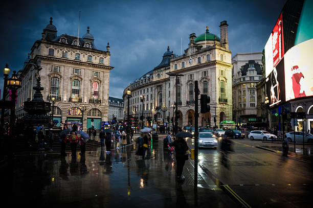 rainy evening in piccadilly circus in london in england
