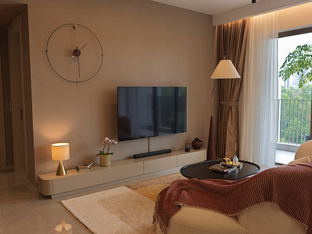 istock Modern Cozy Living Room with Curved Sofa and Warm Natural Light 2216512127