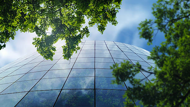 The green building concept emphasizes environmental sustainability by integrating green spaces to mitigate carbon dioxide emissions, thereby fostering an eco-friendly office environment.