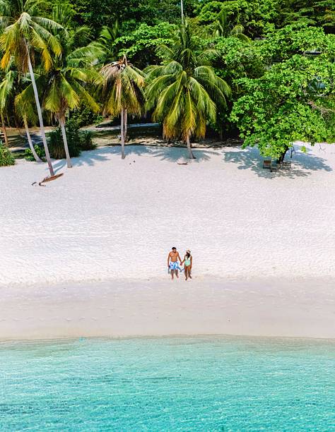 istock Couples strolling on a serene tropical beach surrounded by lush greenery and clear waters 2216523781