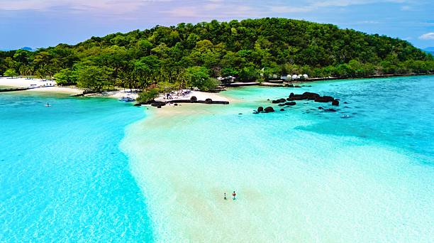 Serene tropical beach with crystal clear waters and lush greenery in a remote paradise