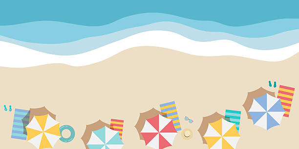 Vacation and travel concept. Beach umbrella, beach towel, sandals, sunglasses. Summer vector illustration.