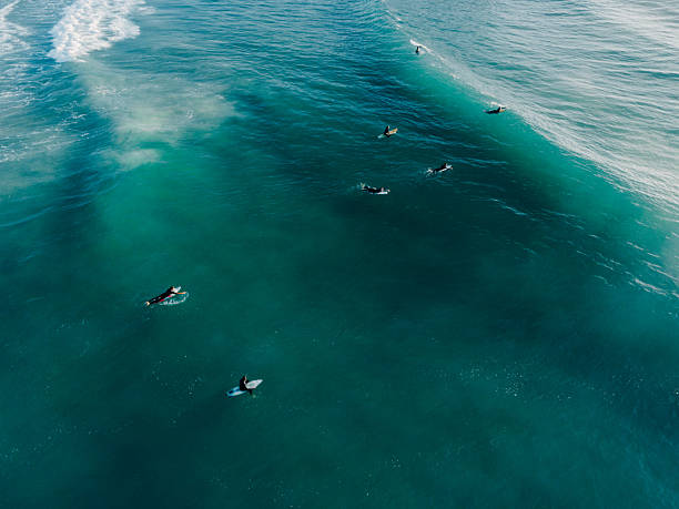 istock Surfers on surfboard and waves in ocean. Drone view 2216538070