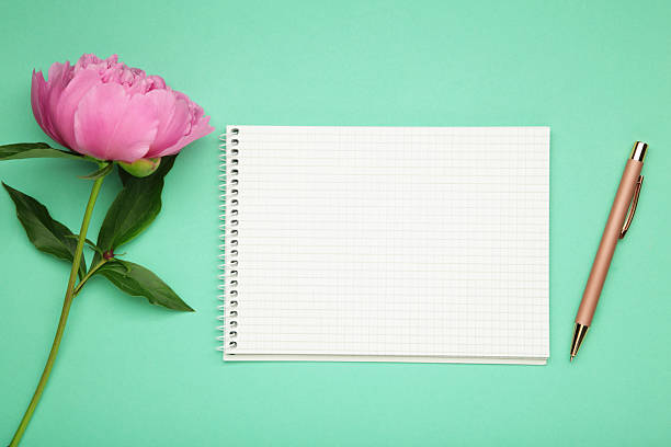 istock Beautiful pink peony flowers with empty notebook on mint background, copy space for your text or design 2216538317