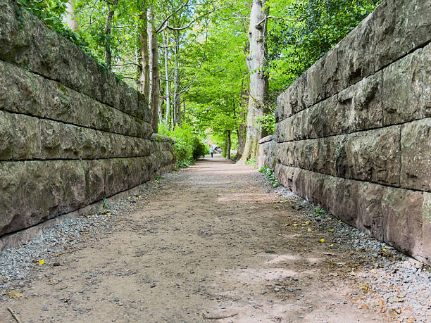 A dirt trail in a forest lined with historic sandstone blocks, captured in spring