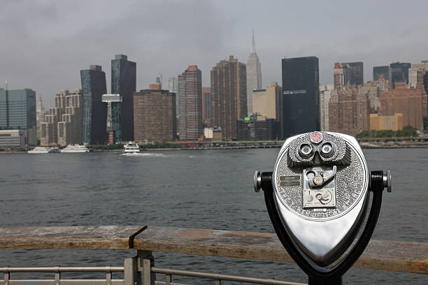Long Island City, New York. Taken May 16, 2025. Tower viewer in the morning sun around Gantry Plaza State Park in Long Island City while Manhattan skyline view in the background including the United Nations building.
