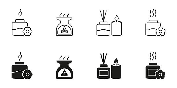 Aromatherapy And Scented Candle Line And Solid Icon Set. Relaxation, Home Fragrance, And Spa Ambiance Symbol Collection. Essential Oils And Diffusers. Isolated Vector Illustration.