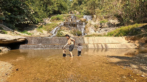 a group of people having fun at the waterfall.