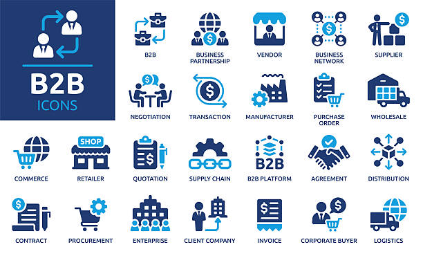 stockillustraties, clipart, cartoons en iconen met b2b icon set. business to business, supplier, and commerce solid vector icons collection. - bedrijfsproces