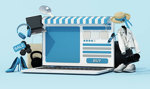 istock E-commerce interface concept in cool blue, displaying sale items, rating system, and purchase button. 3d rendering. 2216598887