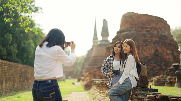 A group of Asian backpacker women visit wat.